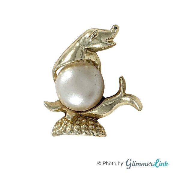 Vintage Seal Pinniped Faux Pearl Gold Tone Brooch Pin - Picture 3 of 8